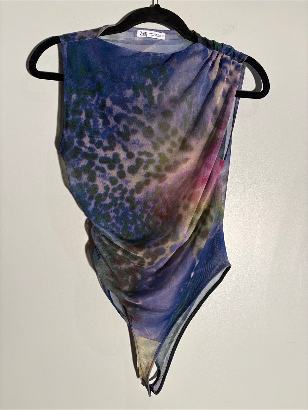Zara Multicolor Printed Mesh Draped Bodysuit Size M